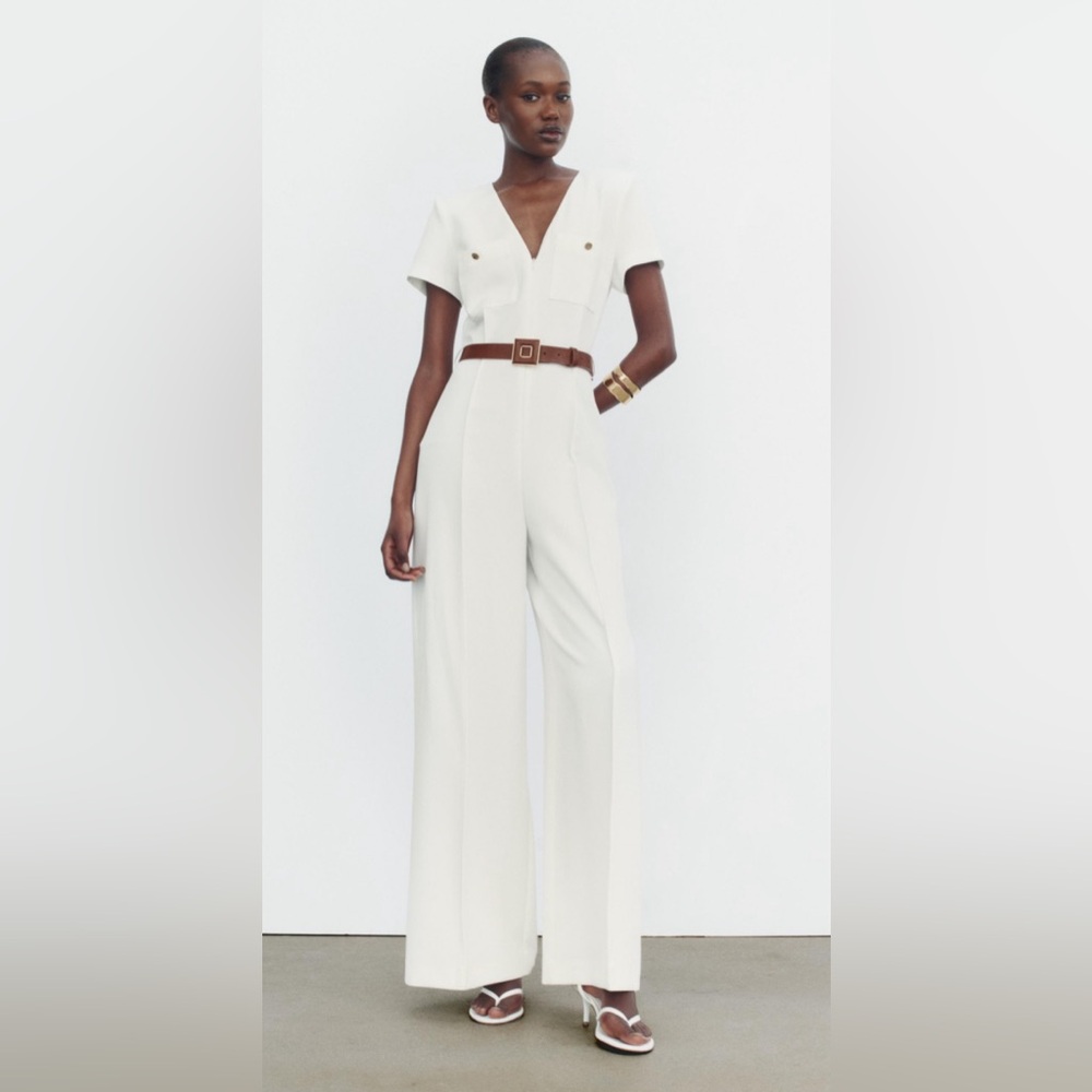 Zara White Jumpsuit with Brown Belt